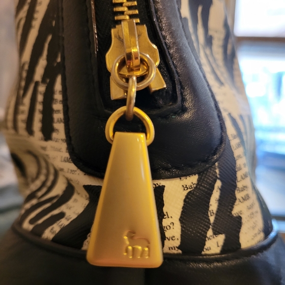 L.A.M.B. by Gwen Stefani Kingston Newspaper Print Zebra Print Bowler Bag #118 - Picture 5 of 15